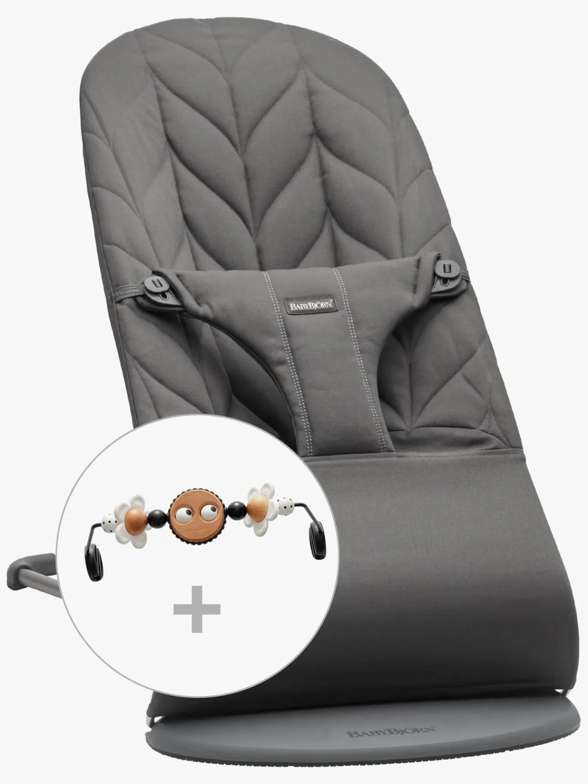 Skråstole & Babygynger|BABYBJORN BabyBjörn Bliss Skråstol Woven Bladmønstret Quilt inkl. Sjove Øjne, Antracitgrå Grå