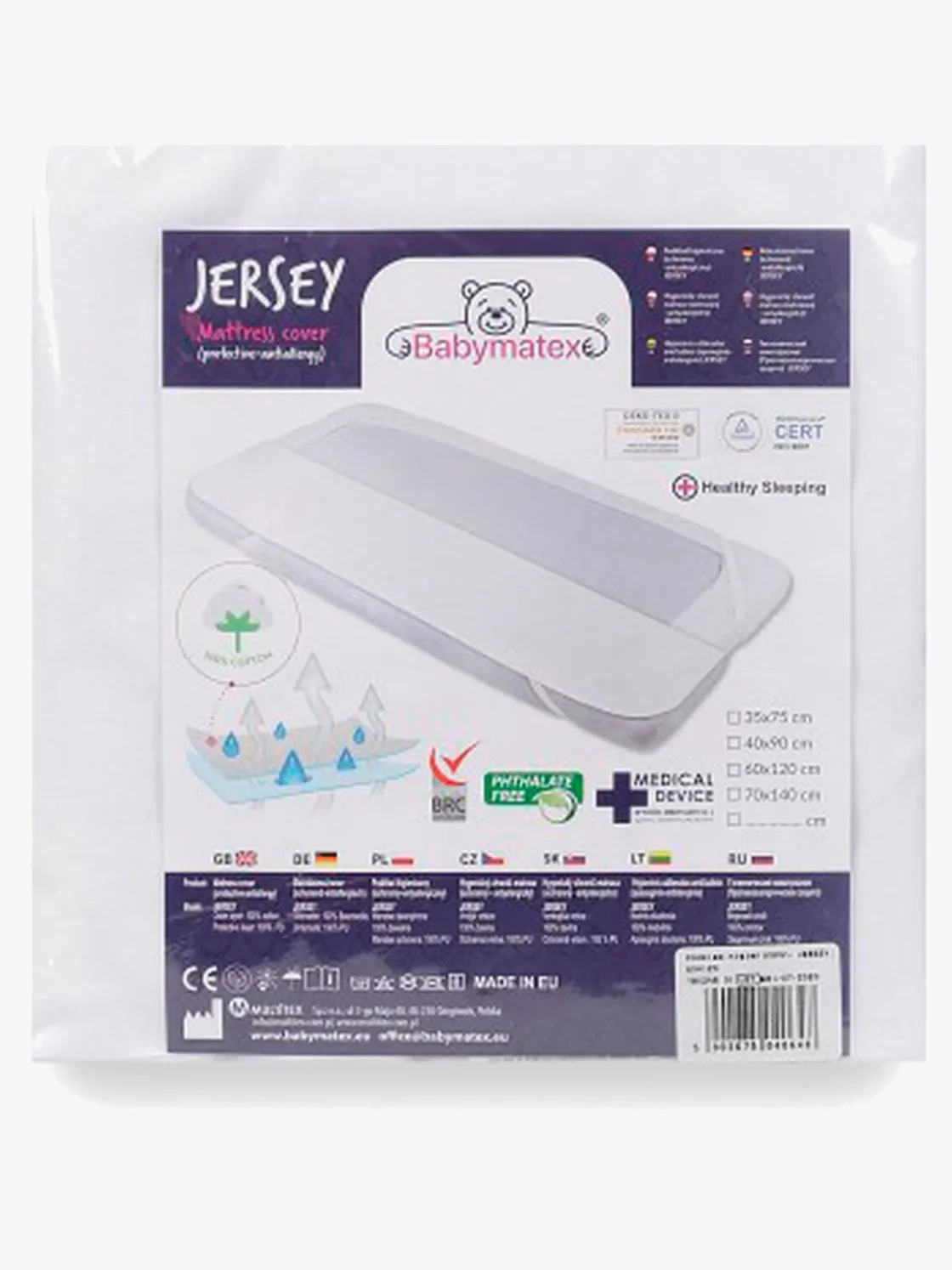 Sengetøj|BabyMatex Hygienic Jersey Rullemadras til Juniorseng 80x160 cm Åndbar og Vandtæt, Hvid