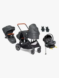 Beemoo Vognpakker-Maxi 4 Twin Søskendevogn inkl. Ekstra Søskendesæde & Route i-Size Autostol Baby & ISOFIX Base, Black/Mineral Grey