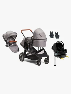 Beemoo Vognpakker-Maxi 4 Twin Søskendevogn inkl. Ekstra Søskendesæde & Route i-Size Autostol Baby & ISOFIX Base, Grey/Black Stone