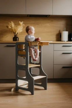 Børnemøbler|DuckWoodworks Duck Woodworks 3-i-1 Sammenklappeligt Læringstårn med Højstol, Grå
