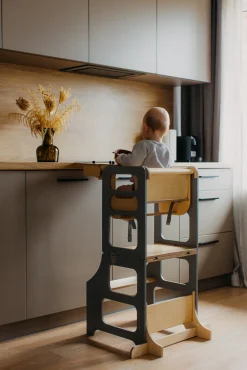 Børnemøbler|DuckWoodworks Duck Woodworks 3-i-1 Sammenklappeligt Læringstårn med Højstol, Grå