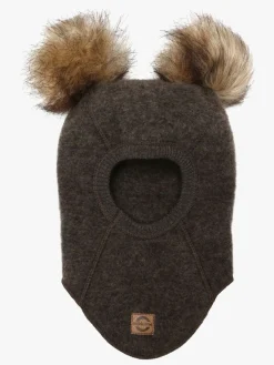 Børn MikkLine Tilbehør|Uldtøj-Mikk-Line Elefanthue Merinould med Pomponer, Dark Brown Melange