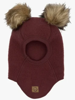 Børn MikkLine Tilbehør|Uldtøj-Mikk-Line Elefanthue Merinould med Pomponer, Rum Raisin
