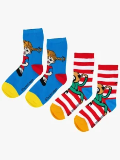 Børn PippiLangstrump Undertøj-Pippi Langstrømpe Strømper 2-pak, Blå/Rød