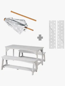 Udemøbler|Roba Børn Picnicbord Set til 4 Deluxe med Parasol & Hynder, Grå